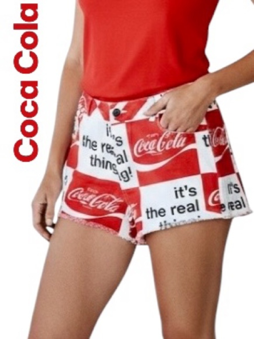 Coca Cola Shorts Denim Red White Logo All Over Distress Sz M